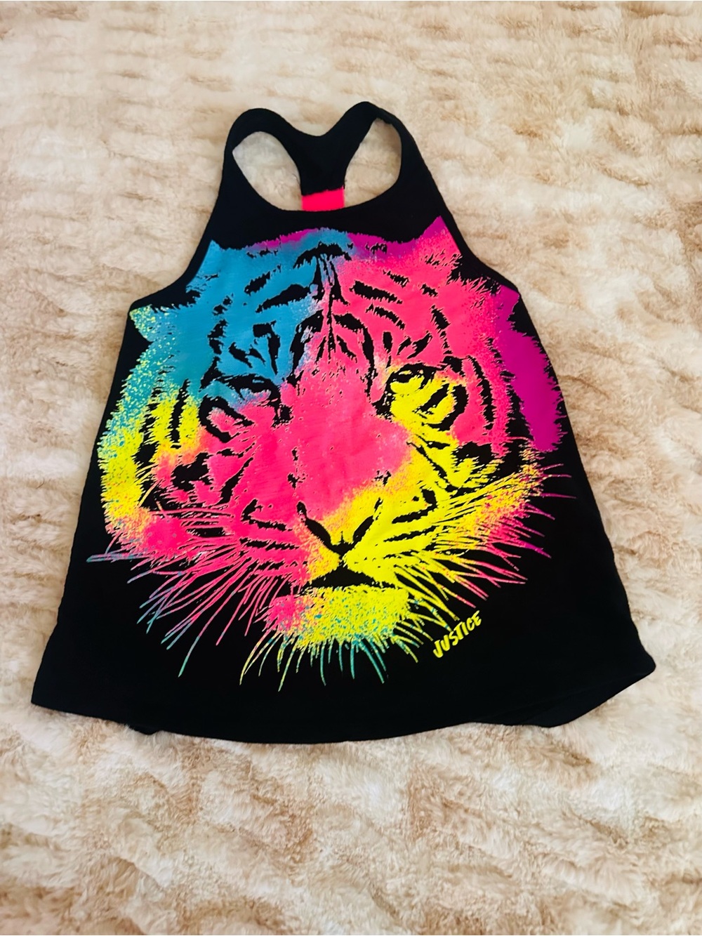 Justice Black Racerback Tank with Neon Tiger Print